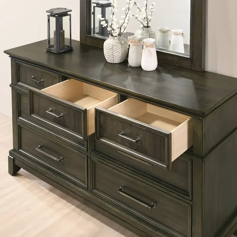 Ensemble de chambre à coucher 6 pièces avec panneau en bois gris traditionnel Evva