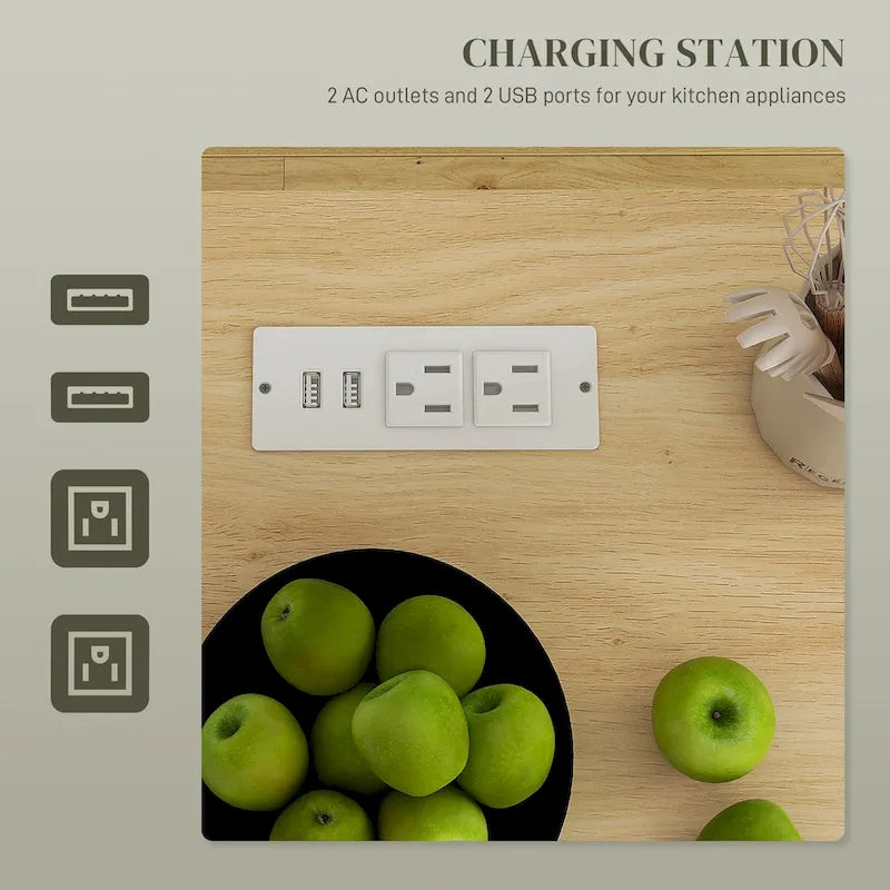 HOMCOM Îlot de cuisine avec rangement, Chariot de cuisine roulant avec prises CA et ports USB