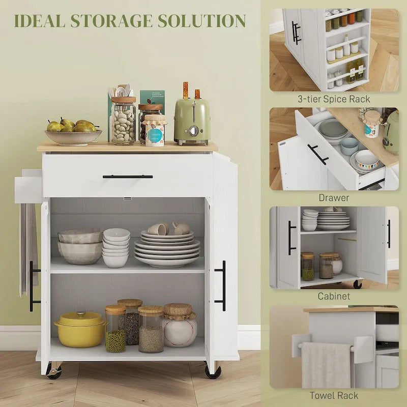HOMCOM Îlot de cuisine avec rangement, Chariot de cuisine roulant avec prises CA et ports USB