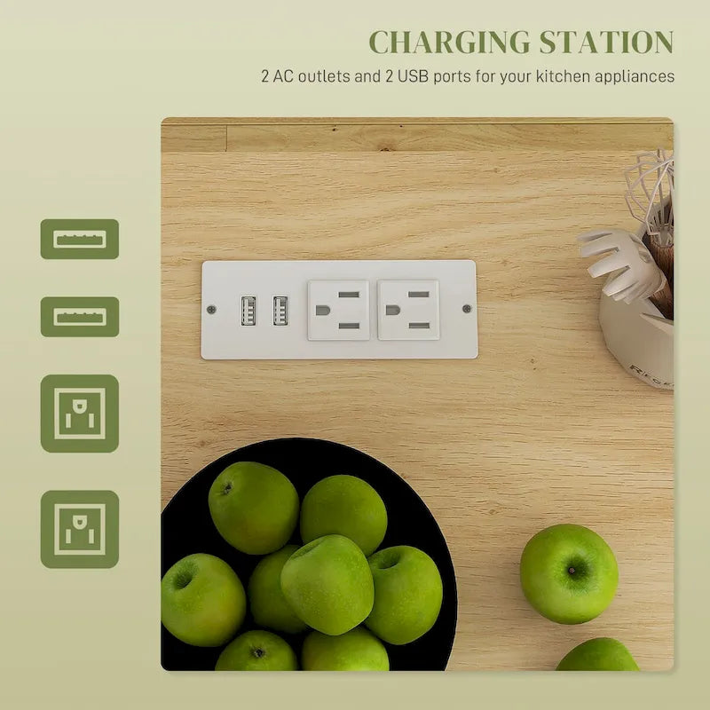 HOMCOM Îlot de cuisine avec rangement, Chariot de cuisine roulant avec prises CA et ports USB