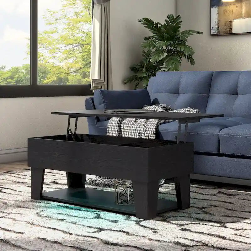 Table basse relevable moderne de 99 cm avec éclairage LED 16 couleurs et rangement dissimulé