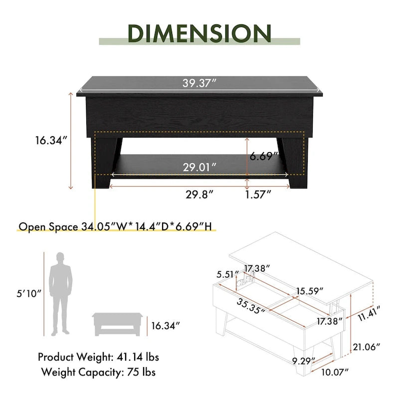 Table basse relevable moderne de 99 cm avec éclairage LED 16 couleurs et rangement dissimulé
