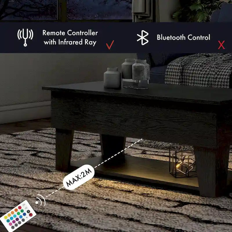 Table basse relevable moderne de 99 cm avec éclairage LED 16 couleurs et rangement dissimulé