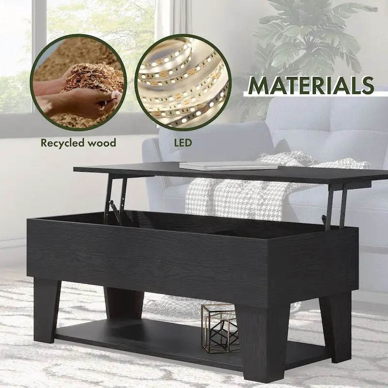 Table basse relevable moderne de 99 cm avec éclairage LED 16 couleurs et rangement dissimulé