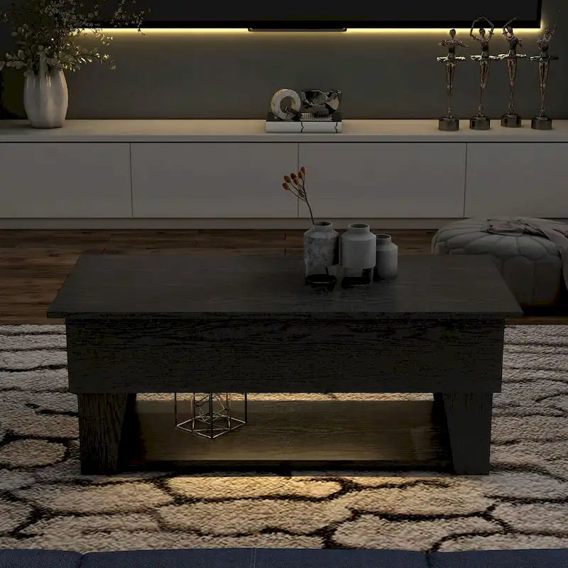 Table basse relevable moderne de 99 cm avec éclairage LED 16 couleurs et rangement dissimulé