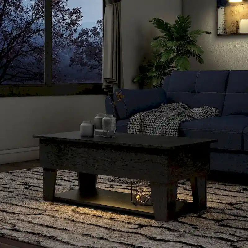Table basse relevable moderne de 99 cm avec éclairage LED 16 couleurs et rangement dissimulé