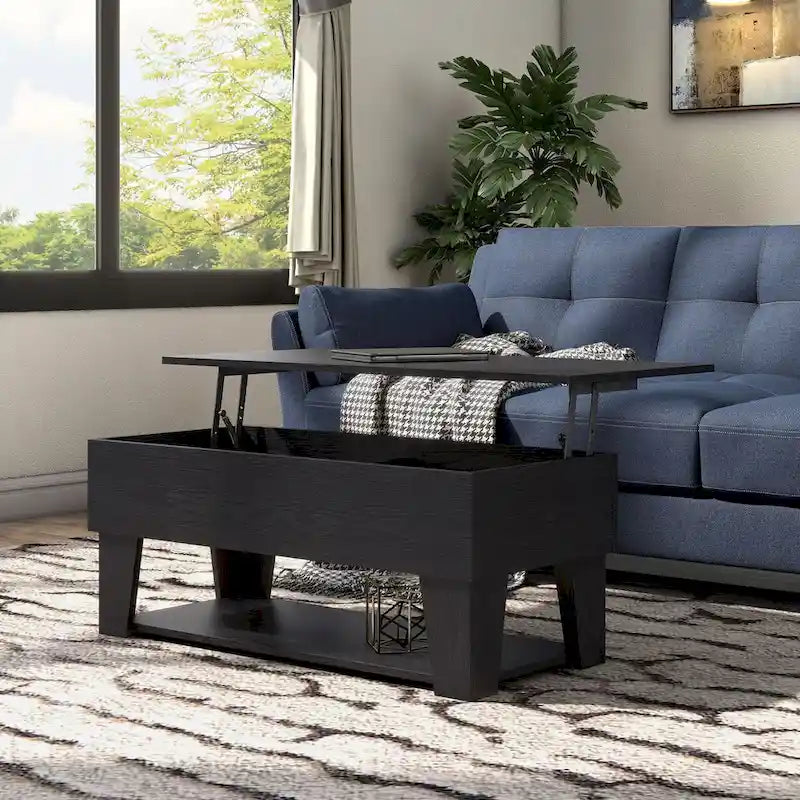 Table basse relevable moderne de 99 cm avec éclairage LED 16 couleurs et rangement dissimulé