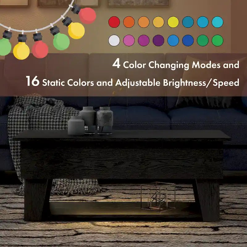 Table basse relevable moderne de 99 cm avec éclairage LED 16 couleurs et rangement dissimulé