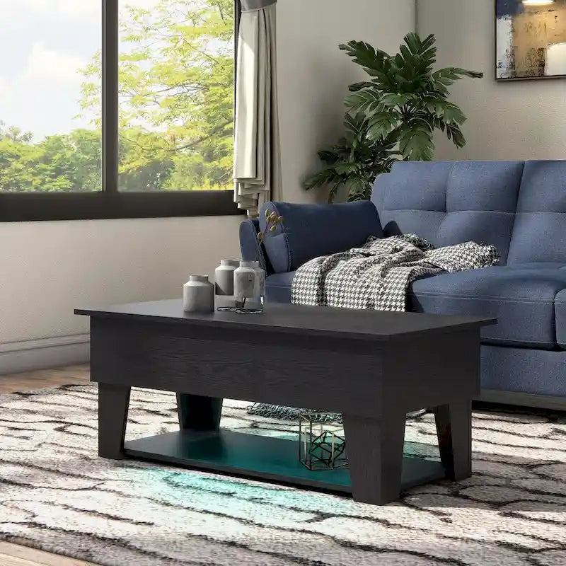 Table basse relevable moderne de 99 cm avec éclairage LED 16 couleurs et rangement dissimulé