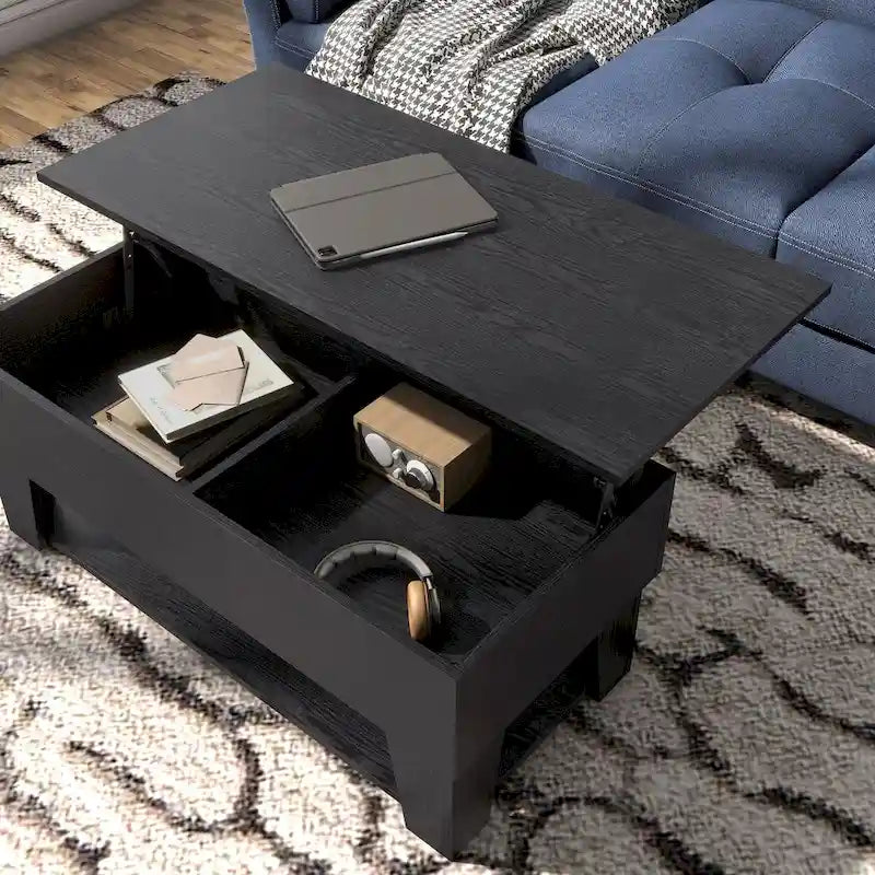 Table basse relevable moderne de 99 cm avec éclairage LED 16 couleurs et rangement dissimulé