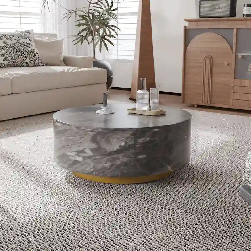 Table basse ronde en faux marbre moderne avec 2 tiroirs, entièrement assemblée