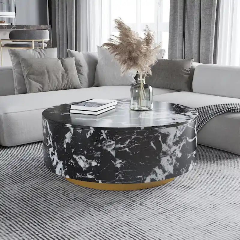 Table basse ronde en faux marbre moderne avec 2 tiroirs, entièrement assemblée