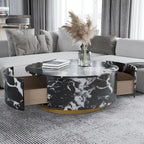 Table basse ronde en faux marbre moderne avec 2 tiroirs, entièrement assemblée