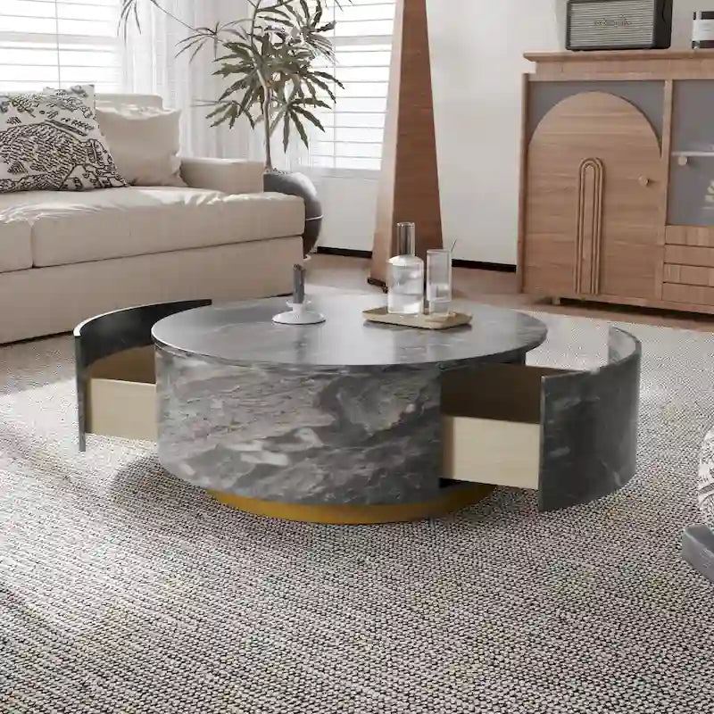 Table basse ronde en faux marbre moderne avec 2 tiroirs, entièrement assemblée