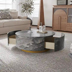 Table basse ronde en faux marbre moderne avec 2 tiroirs, entièrement assemblée