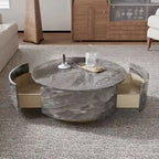 Table basse ronde en faux marbre moderne avec 2 tiroirs, entièrement assemblée
