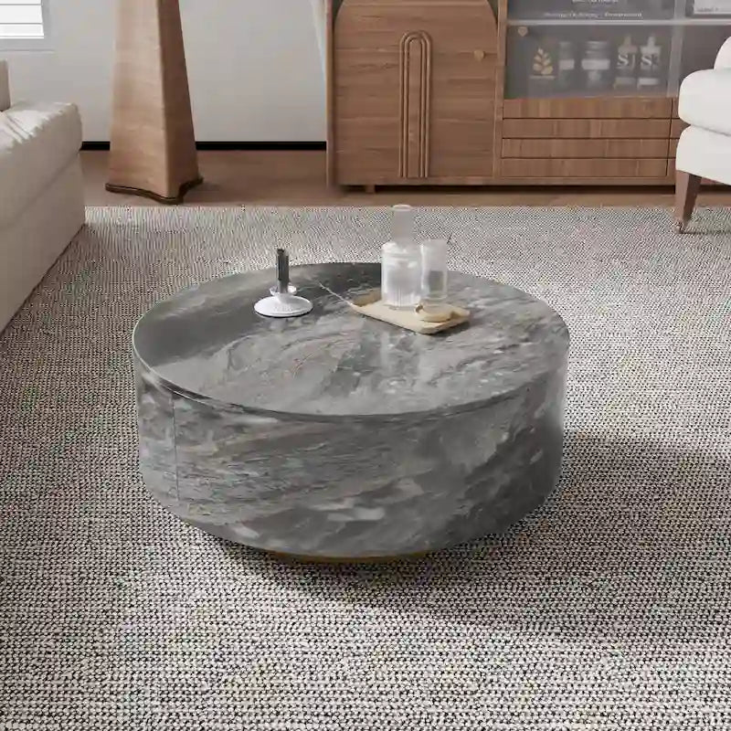 Table basse ronde en faux marbre moderne avec 2 tiroirs, entièrement assemblée