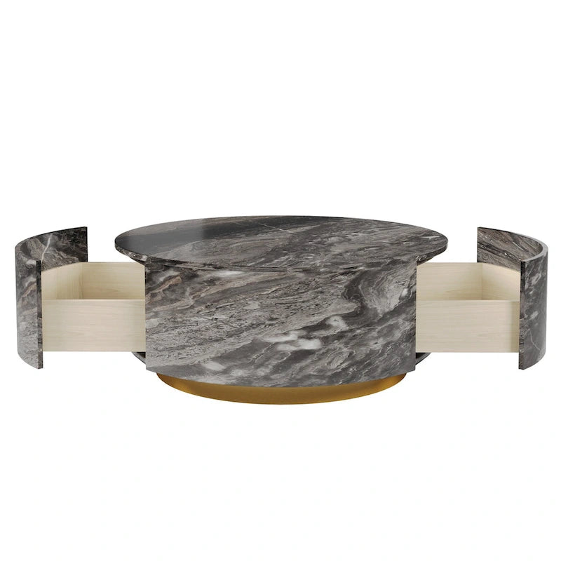 Table basse ronde en faux marbre moderne avec 2 tiroirs, entièrement assemblée