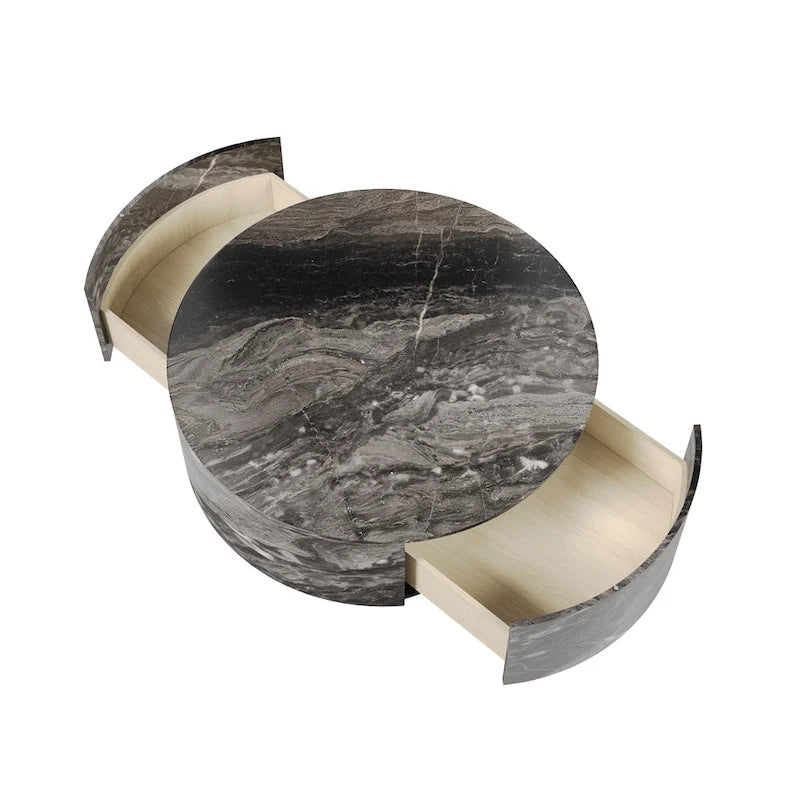 Table basse ronde en faux marbre moderne avec 2 tiroirs, entièrement assemblée