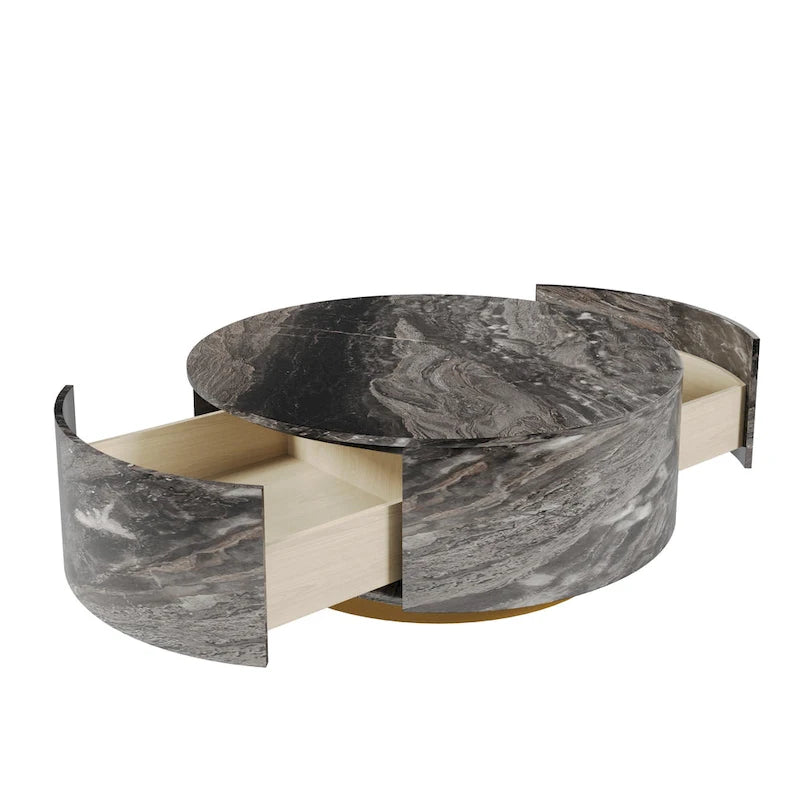 Table basse ronde en faux marbre moderne avec 2 tiroirs, entièrement assemblée