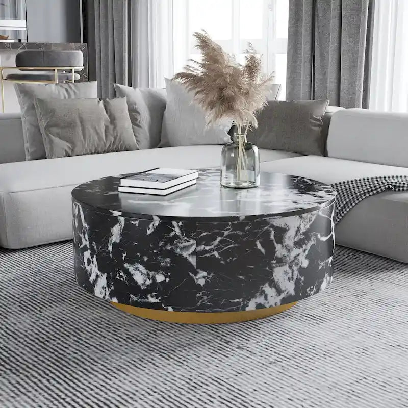 Table basse ronde en faux marbre moderne avec 2 tiroirs, entièrement assemblée