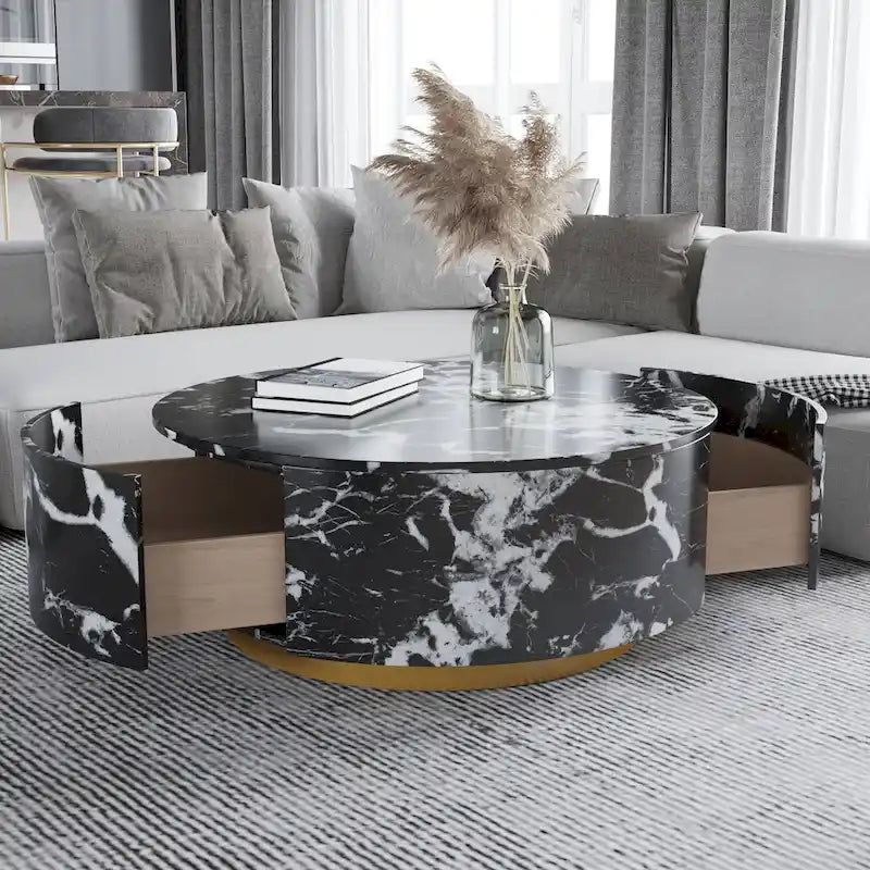 Table basse ronde en faux marbre moderne avec 2 tiroirs, entièrement assemblée