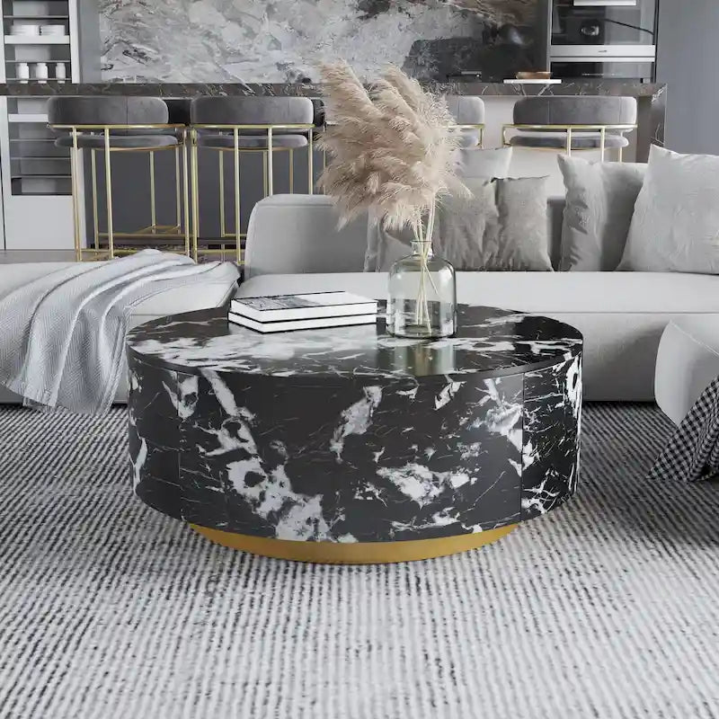 Table basse ronde en faux marbre moderne avec 2 tiroirs, entièrement assemblée