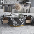 Table basse ronde en faux marbre moderne avec 2 tiroirs, entièrement assemblée