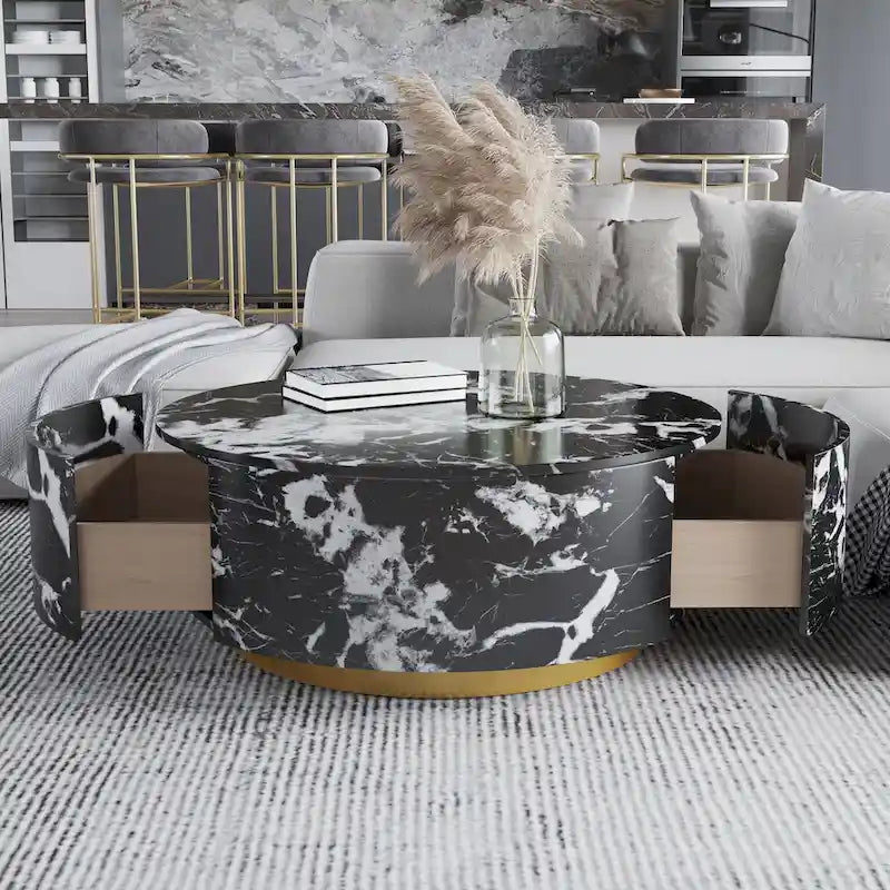 Table basse ronde en faux marbre moderne avec 2 tiroirs, entièrement assemblée