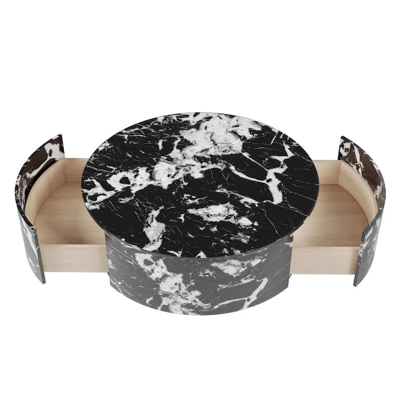 Table basse ronde en faux marbre moderne avec 2 tiroirs, entièrement assemblée