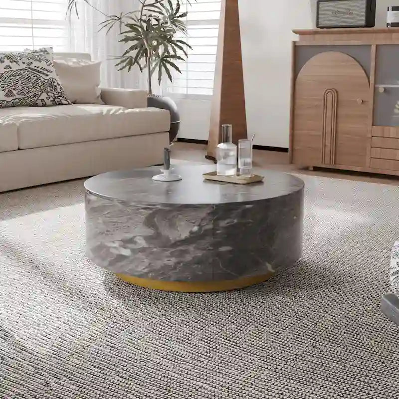Table basse ronde en faux marbre moderne avec 2 tiroirs, entièrement assemblée