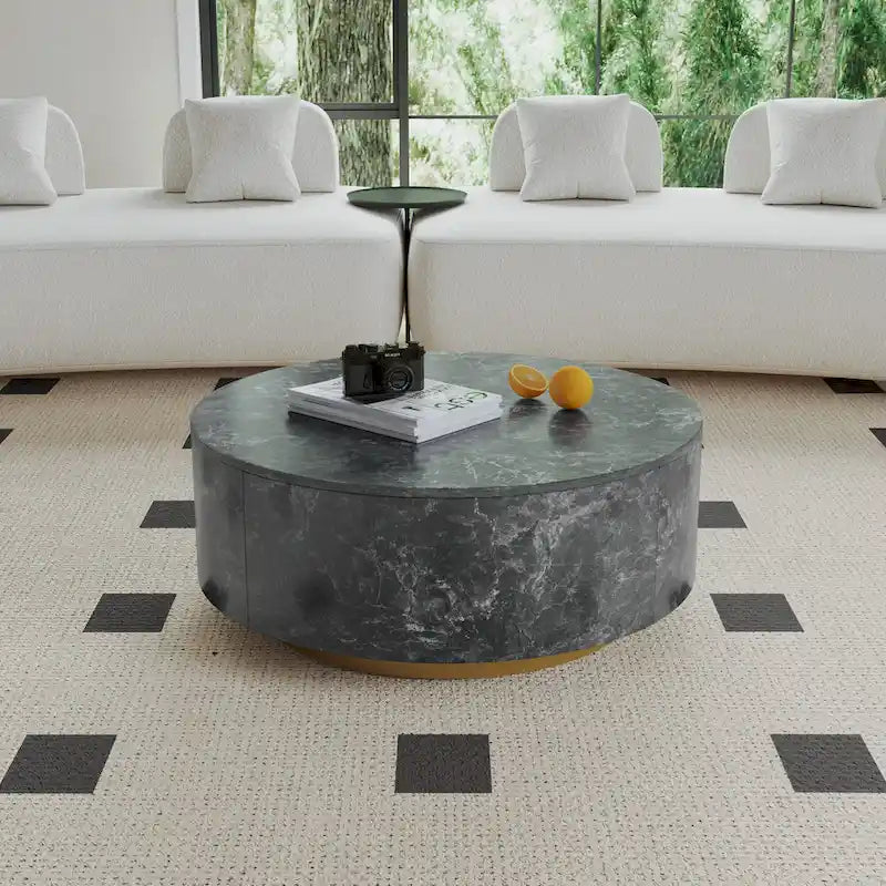 Table basse ronde en faux marbre moderne avec 2 tiroirs, entièrement assemblée