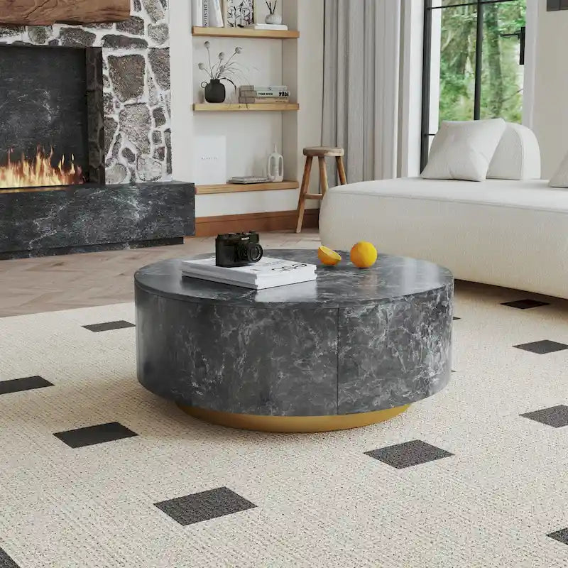 Table basse ronde en faux marbre moderne avec 2 tiroirs, entièrement assemblée