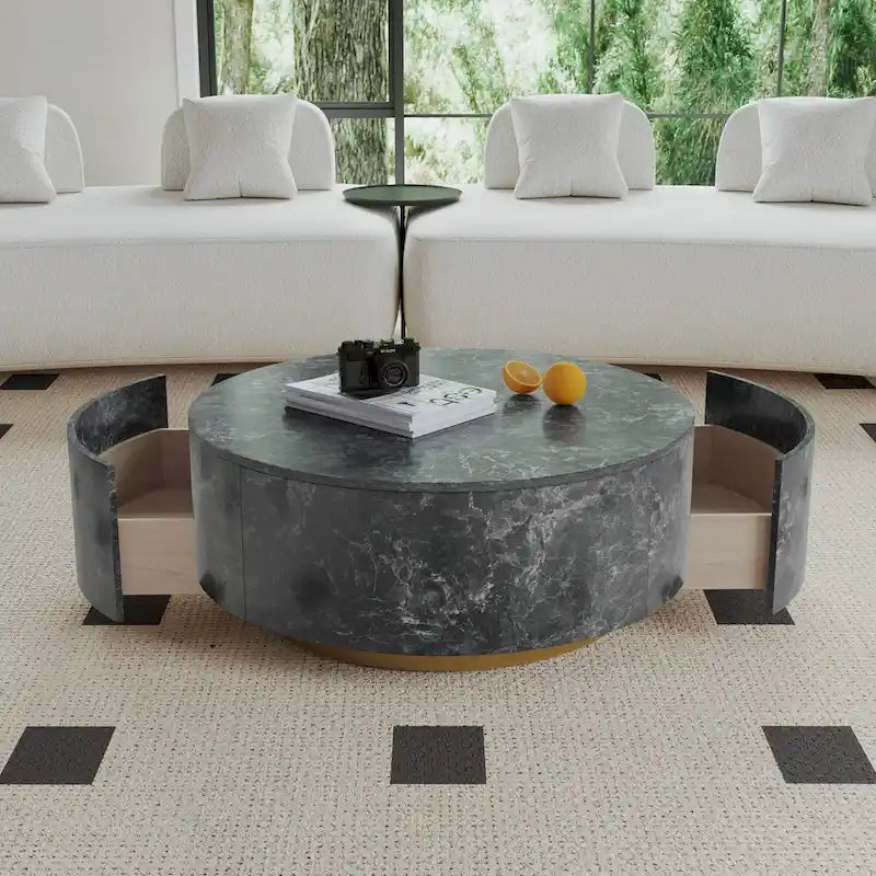 Table basse ronde en faux marbre moderne avec 2 tiroirs, entièrement assemblée