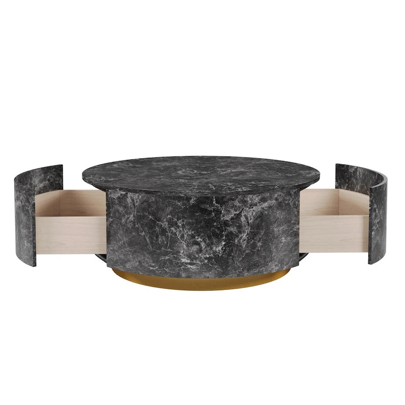 Table basse ronde en faux marbre moderne avec 2 tiroirs, entièrement assemblée