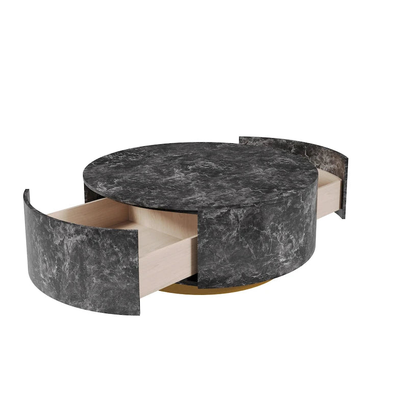 Table basse ronde en faux marbre moderne avec 2 tiroirs, entièrement assemblée