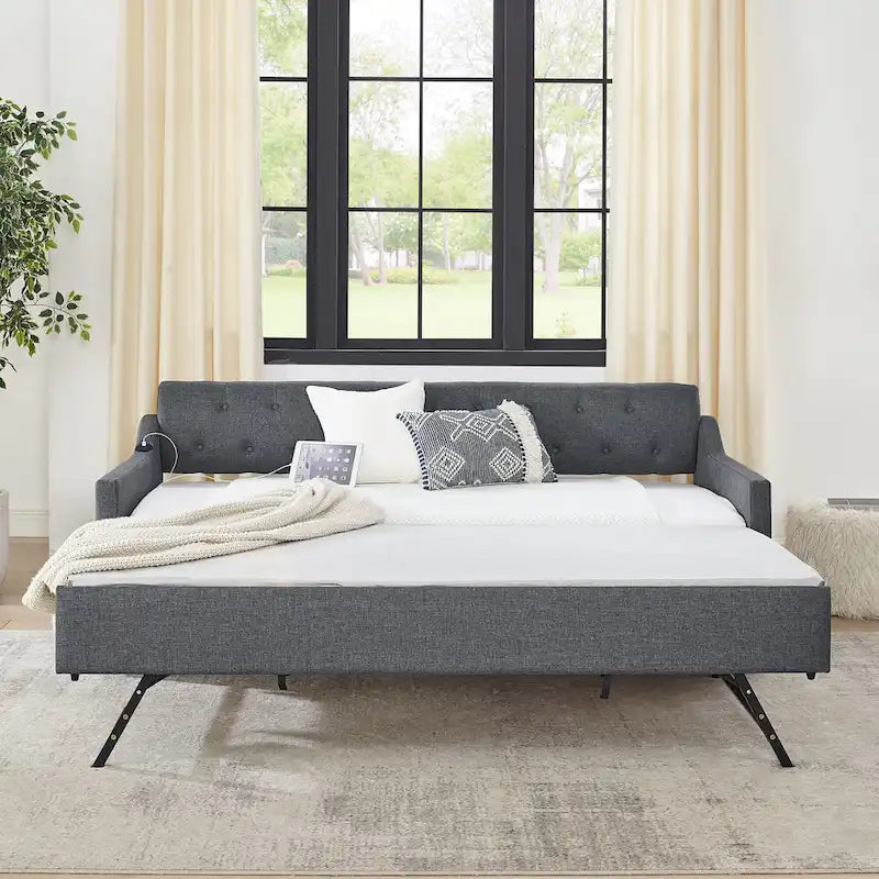 Lit de repos rembourré simple avec lit gigogne relevable simple et ports de recharge USB