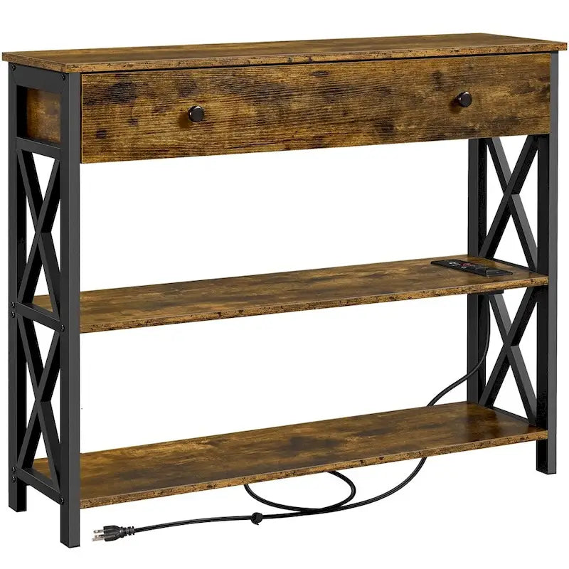 Table console Yaheetech vintage en bois avec prise, table d'appoint pour canapé avec 1 tiroir et 2 étagères ouvertes