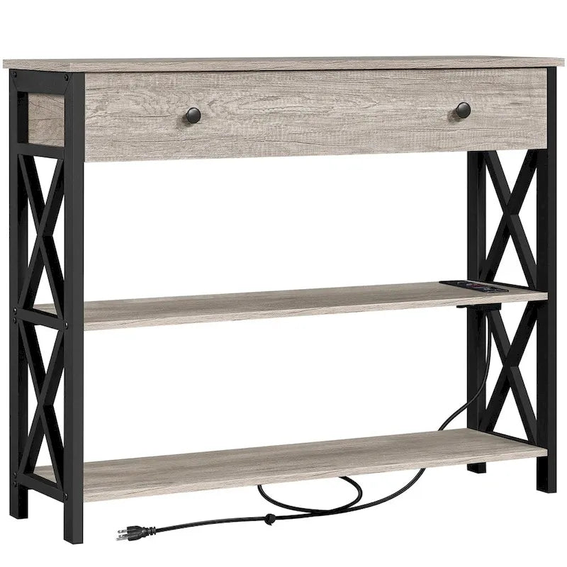 Table console Yaheetech vintage en bois avec prise, table d'appoint pour canapé avec 1 tiroir et 2 étagères ouvertes