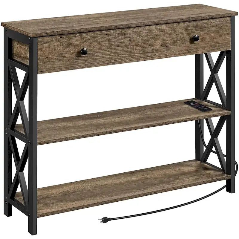 Table console Yaheetech vintage en bois avec prise, table d'appoint pour canapé avec 1 tiroir et 2 étagères ouvertes