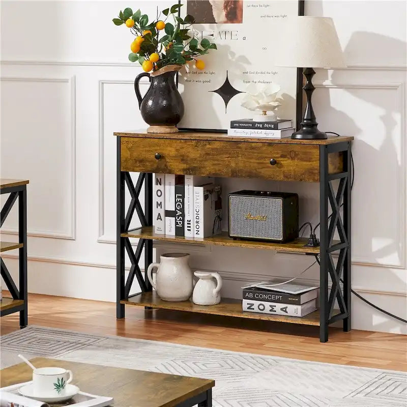 Table console Yaheetech vintage en bois avec prise, table d'appoint pour canapé avec 1 tiroir et 2 étagères ouvertes