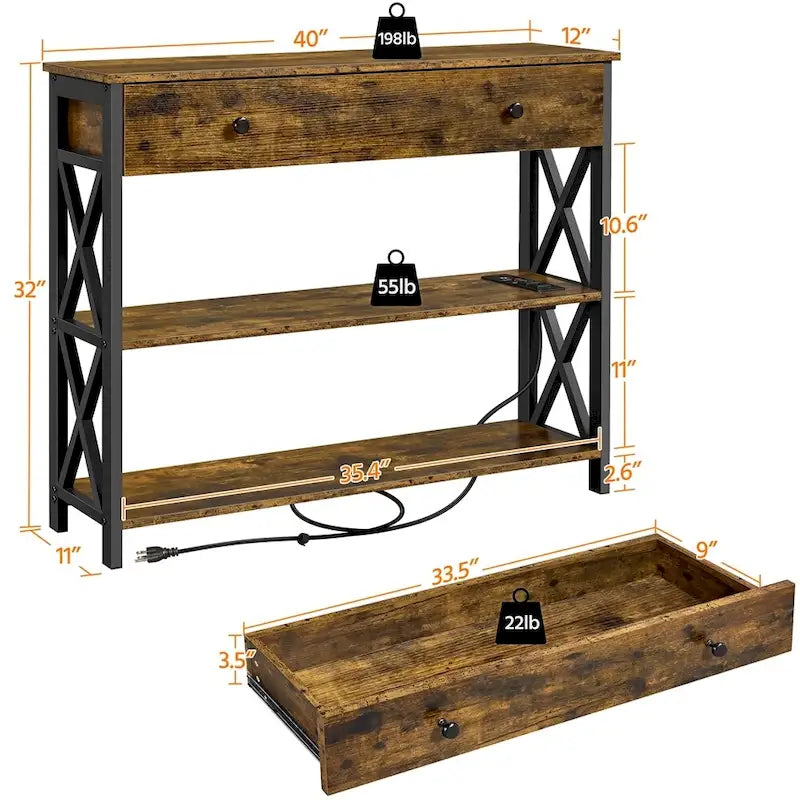 Table console Yaheetech vintage en bois avec prise, table d'appoint pour canapé avec 1 tiroir et 2 étagères ouvertes