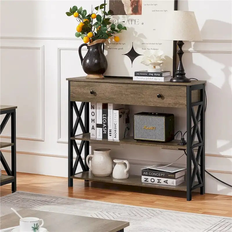 Table console Yaheetech vintage en bois avec prise, table d'appoint pour canapé avec 1 tiroir et 2 étagères ouvertes
