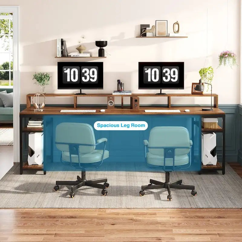 Long bureau pour deux personnes avec support d'écran et étagères de rangement